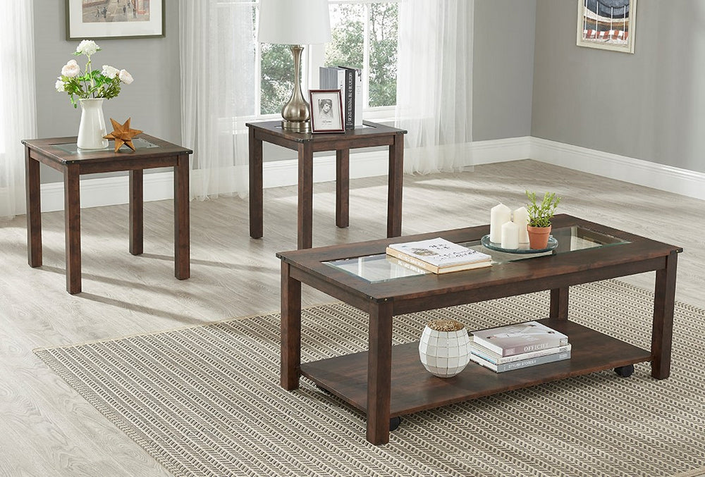 Muriel 3-Pc Brown Wood Table Set with Glass Insert