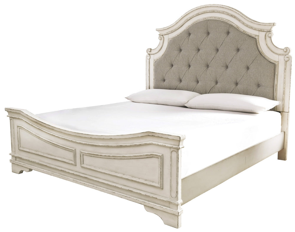 Realyn Neutral Fabric/Chipped White Wood King Panel Bed (Oversized)