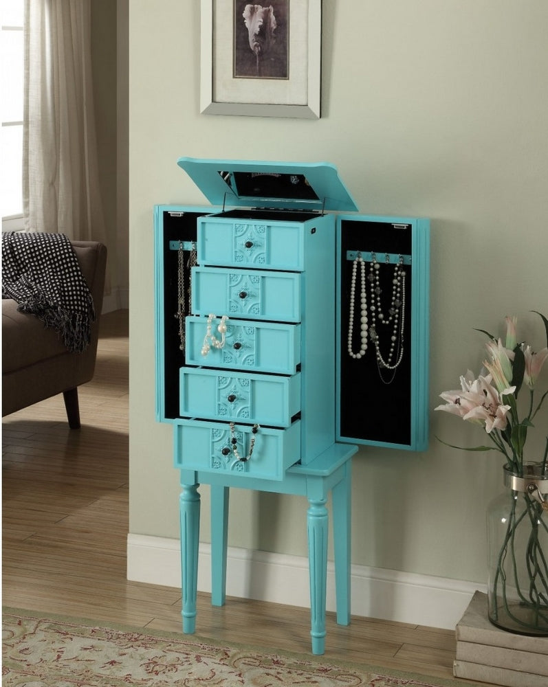 Tammy Light Blue Jewelry Armoire with Mirror & Jewelry Storage