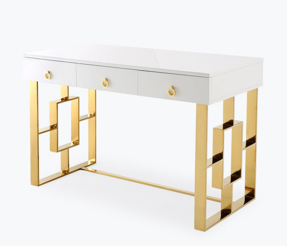 Audrey White Wood Lacquer Desk with Gold Metal Legs