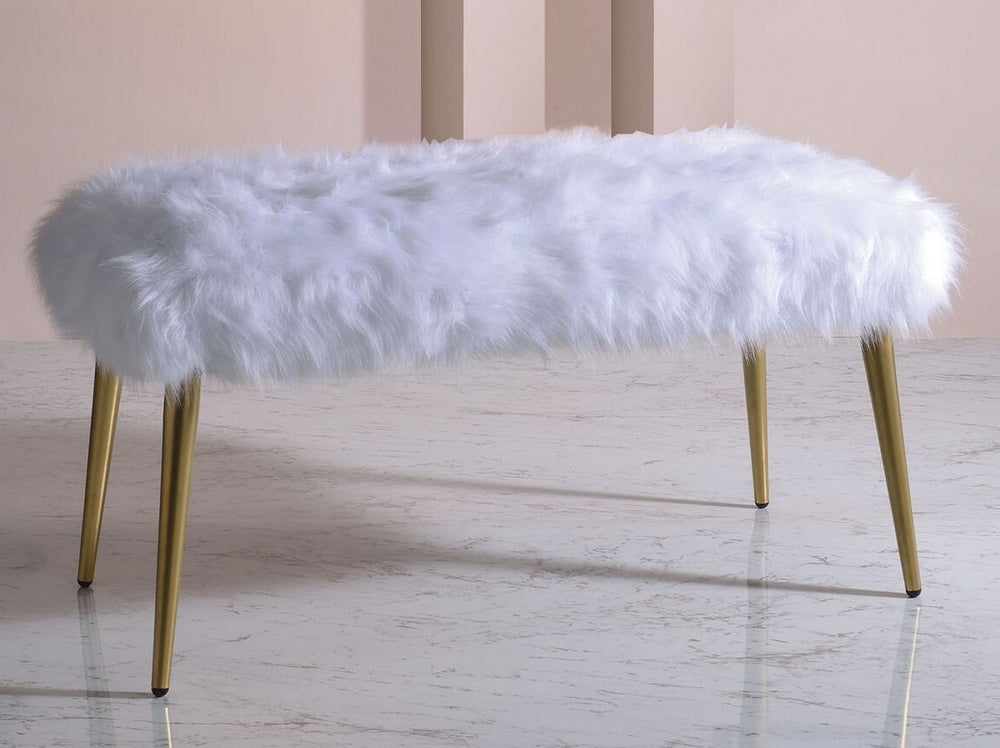 Bagley II White Faux Fur/Gold Brass Finish Metal Bench