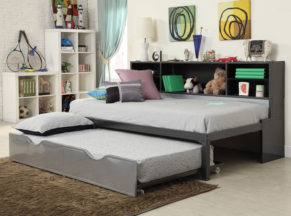 Renell Black/Silver Metal Twin Bed with Bookcase & Trundle