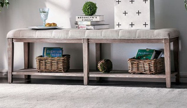 Tayah Beige Linen/Antique Brown Wood Bench