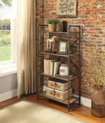 Itzel Antique Oak Wood/Sandy Gray Metal Bookshelf with 4 Shelves