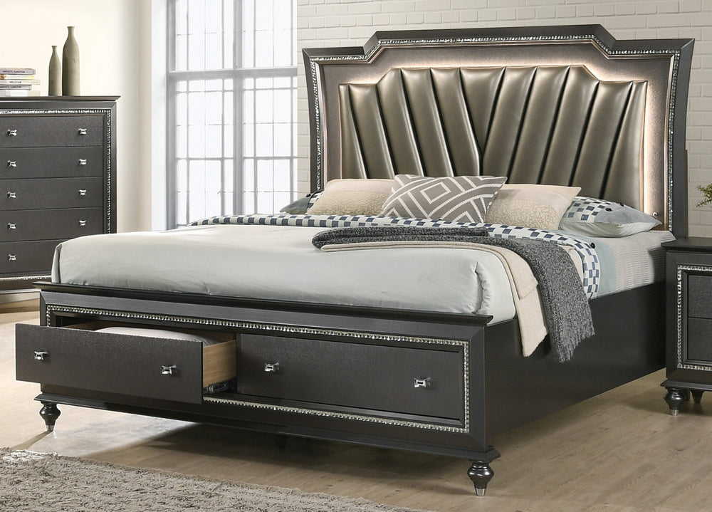 Kaitlyn Metallic Gray Wood King Bed with LED & Storage