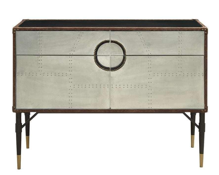 Rosy Brown Top Grain Leather/Silver Metal Console Table