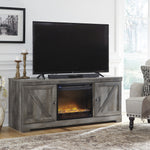 Wynnlow Rustic Gray Wood LG TV Stand with Fireplace Insert