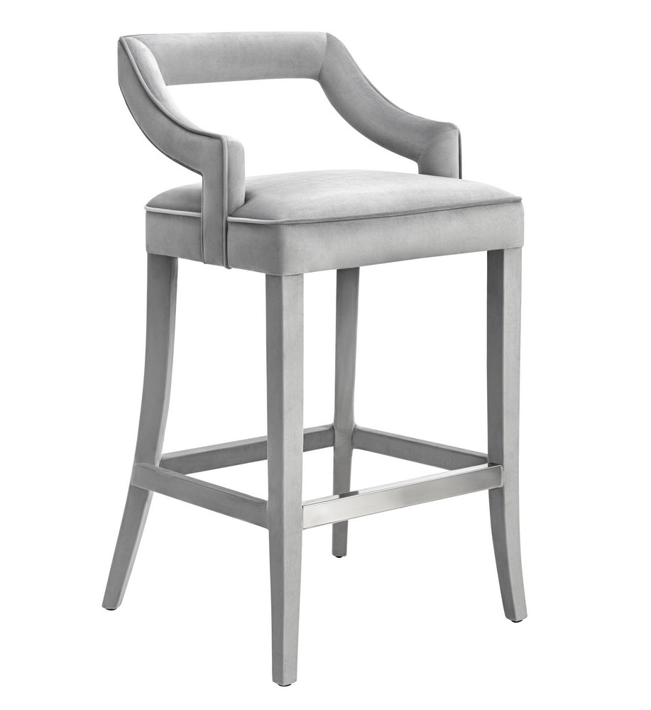 Tiffany Grey Velvet Counter Stool with Silver Footrest