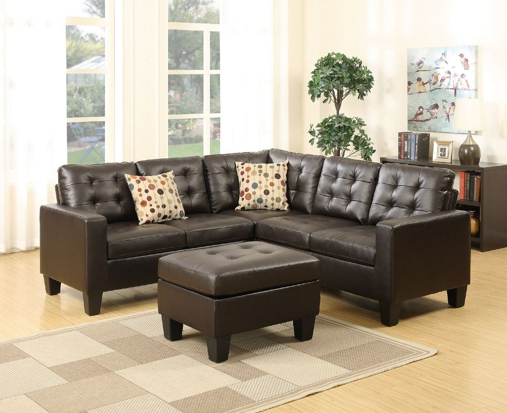 Bobkona Espresso Bonded Leather Sectional Sofa with Ottoman