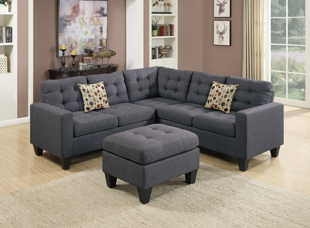 Bobkona Blue Grey Fabric Sectional Sofa with Ottoman