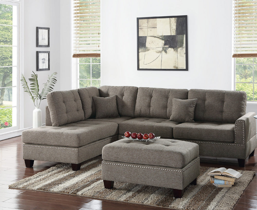 Jessica Coffee Fabric Reversible Sectional with Ottoman