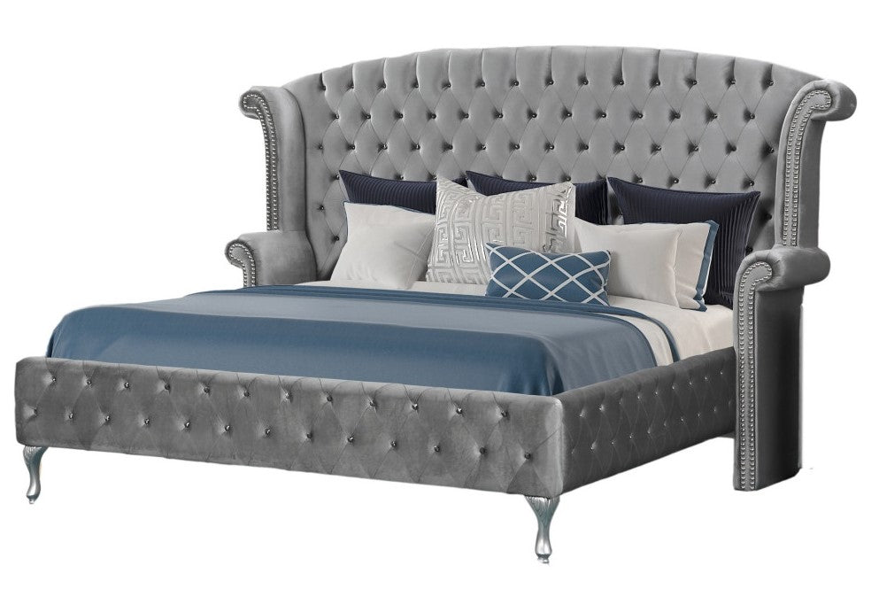 Emma Grey Velvet King Bed (Oversized)