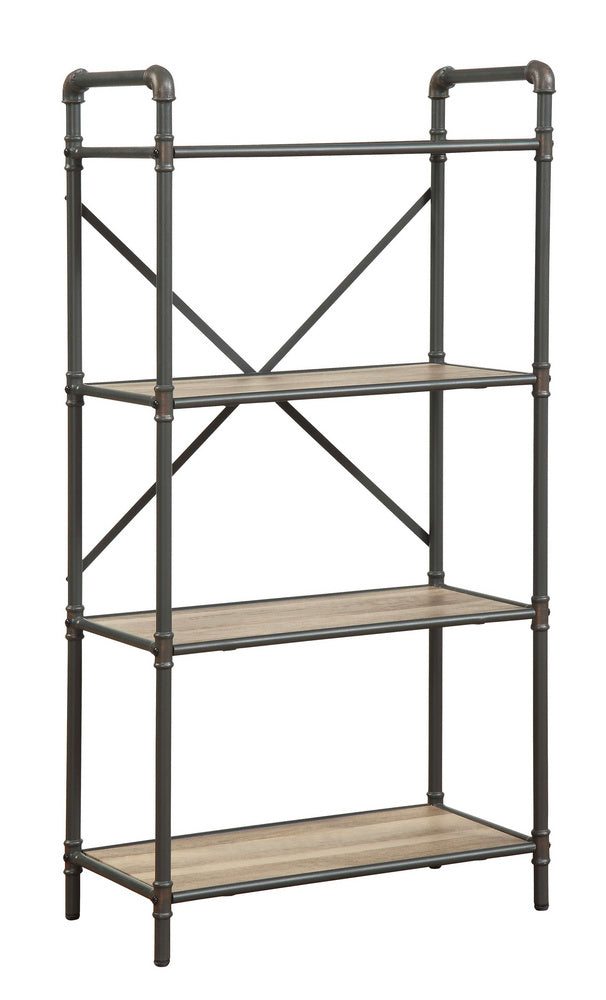 Itzel Antique Oak Wood/Sandy Gray Metal Bookshelf with 4 Shelves