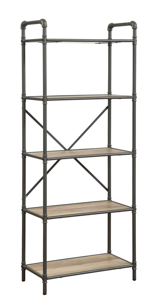 Itzel Antique Oak Wood/Sandy Gray Metal Bookshelf with 5 Shelves