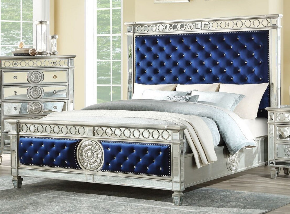 Varian Blue Velvet/Silver Mirrored King Bed (Oversized)