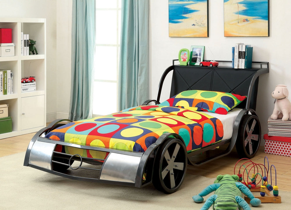 Racer Gun Metal Leatherette Twin Bed