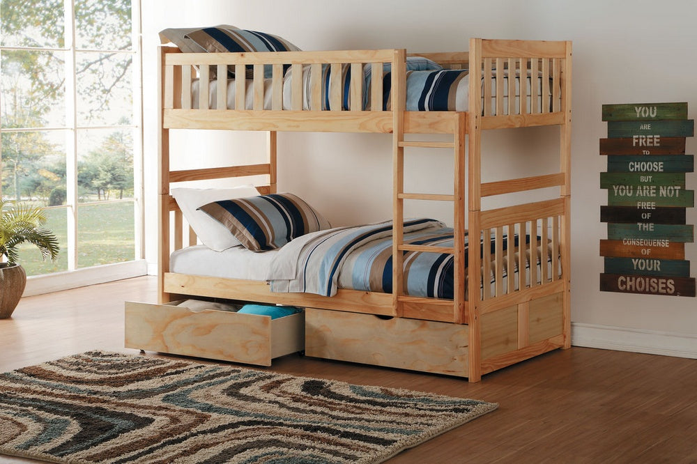 Bartly Natural Pine Wood Twin/Twin Bunk Bed w/Drawers