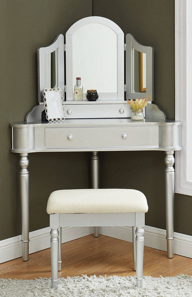 Kasey Silver Wood Vanity with Mirror & Stool