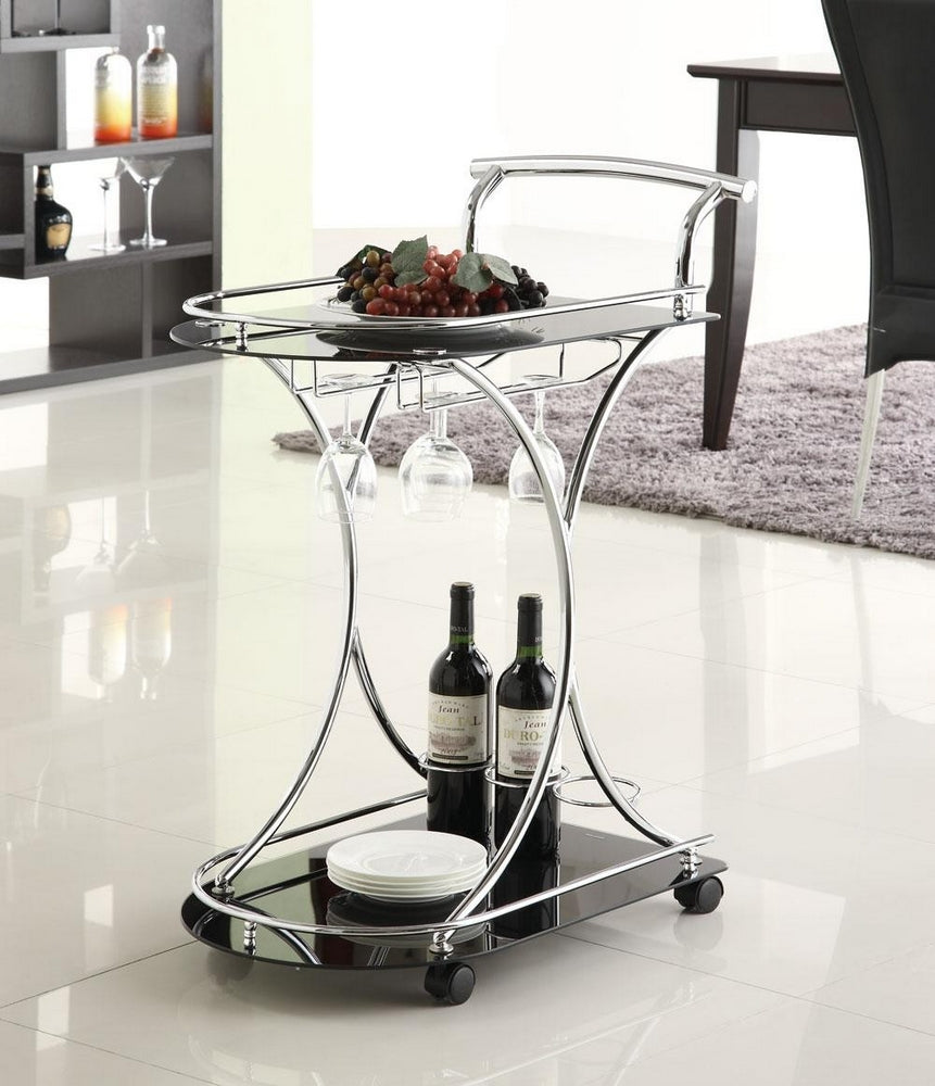 Nevena Chrome Metal Server with Black Glass Shelves