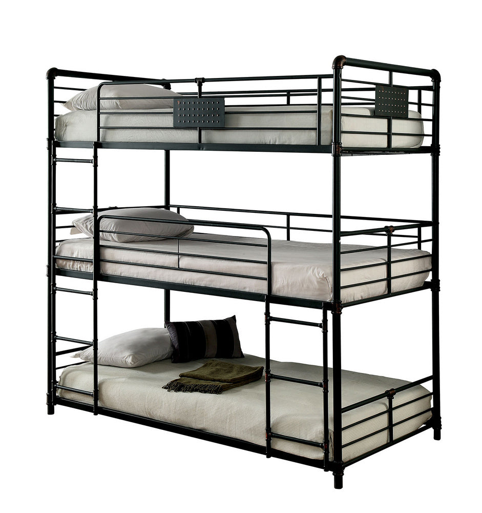 Olga I Sand Black Metal 3-Tiered Full Bunk Bed