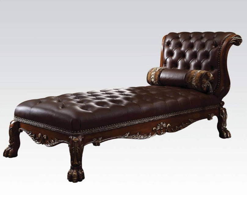 Dresden Cherry Oak PU Leather Button Tufted Chaise with Pillow