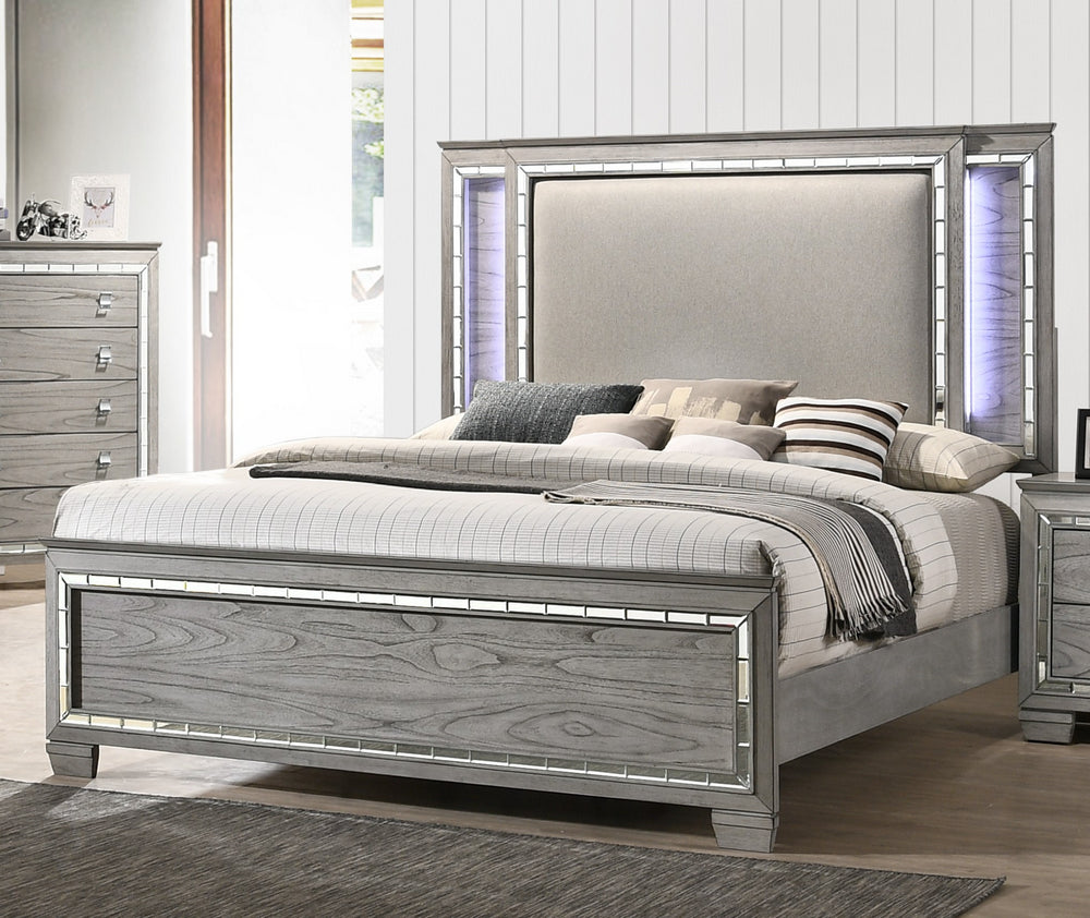 Antares Light Gray Oak Wood/Fabric Queen Bed with LED