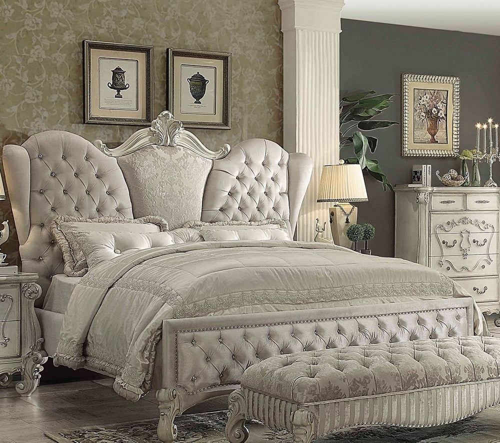 Versailles Ivory Velvet/Bone White Wood Queen Bed (Oversized)