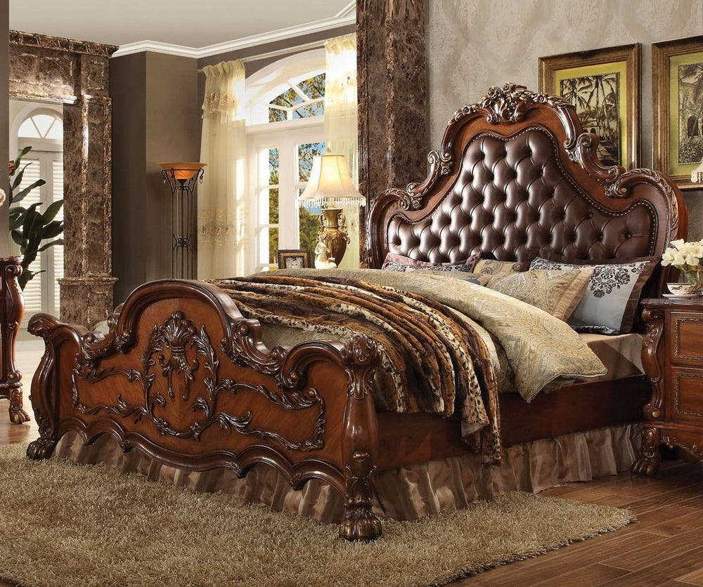 Dresden Cherry Oak/PU Leather Queen Bed with Poly Decorations