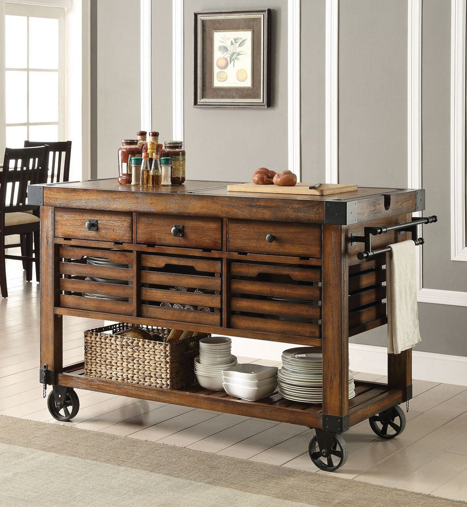 Kaif Distress Chestnut Wood Kitchen Cart with 3 Drawers