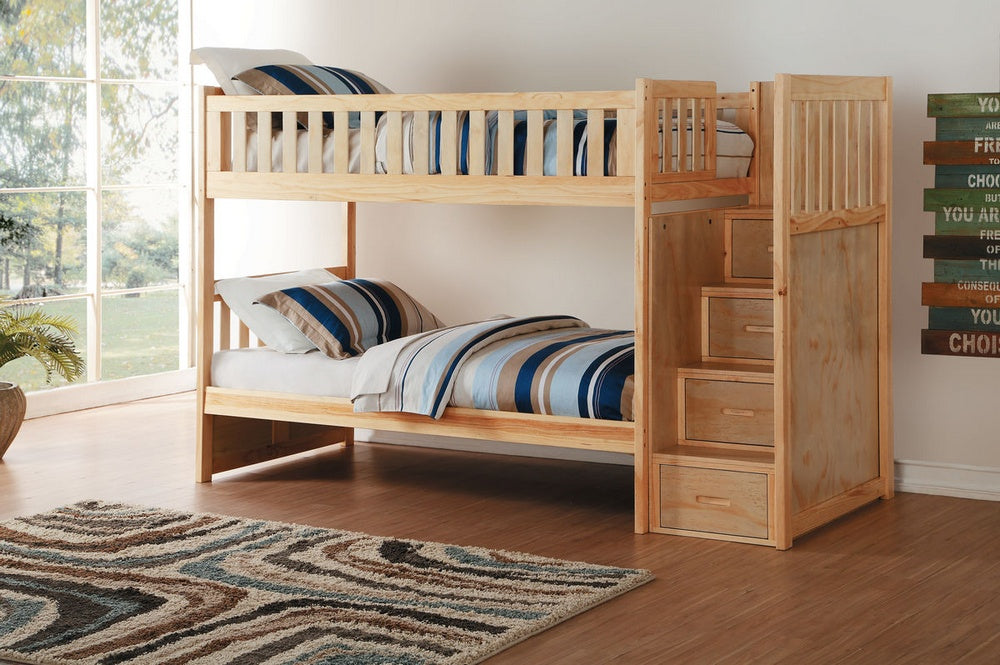 Bartly Natural Pine Wood Bunk Bed with Step Storage