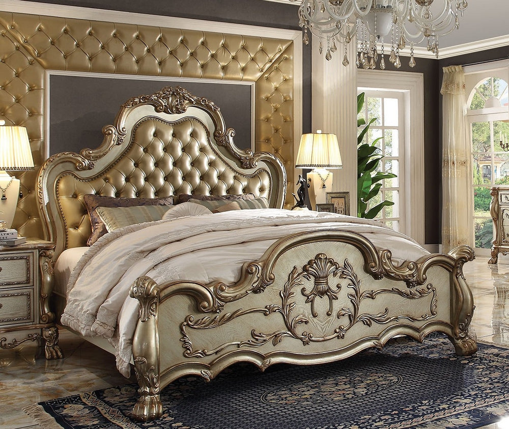 Dresden Bone PU Leather/Gold Patina Queen Bed