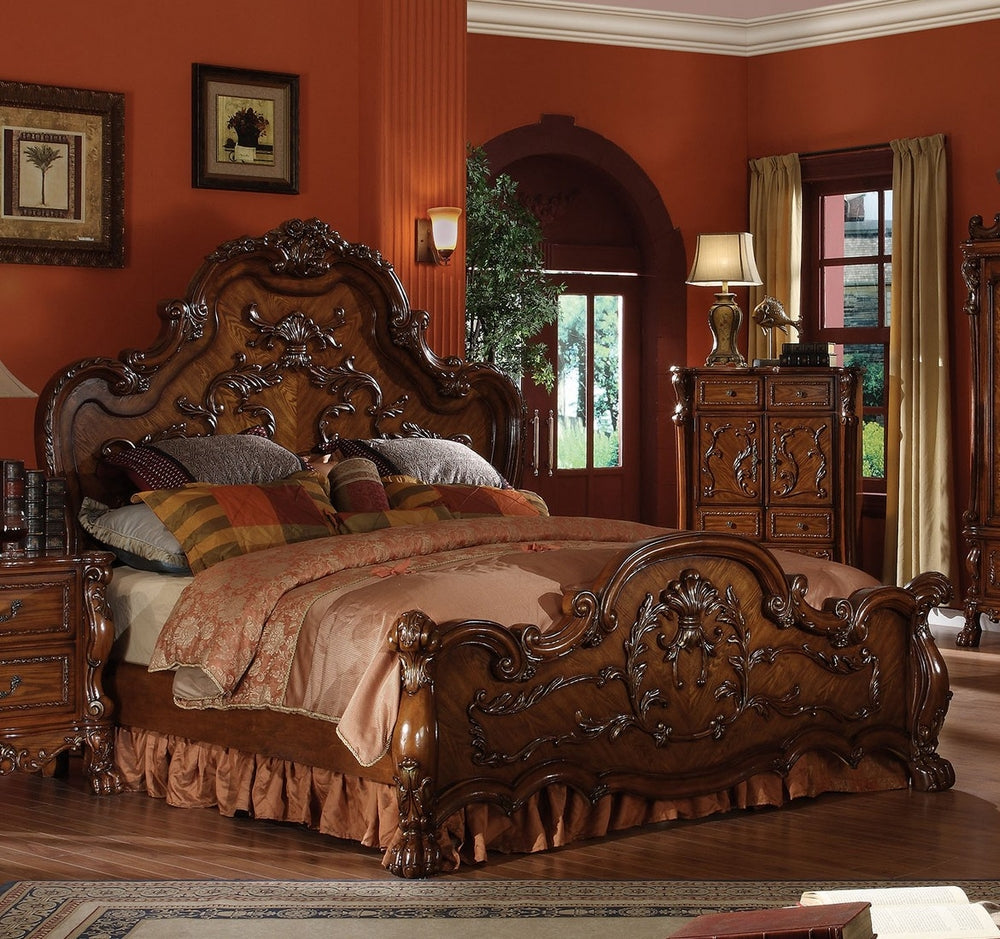 Dresden Cherry Oak Wood Queen Bed with Poly Decorations