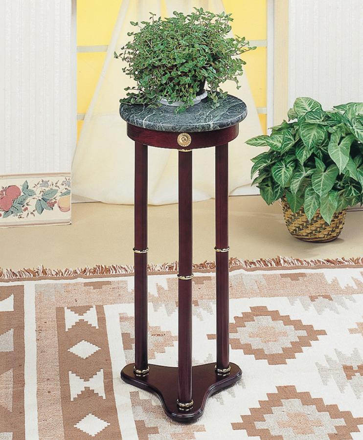 Adan Red Brown Wood Round Accent Table with Green Marble Top