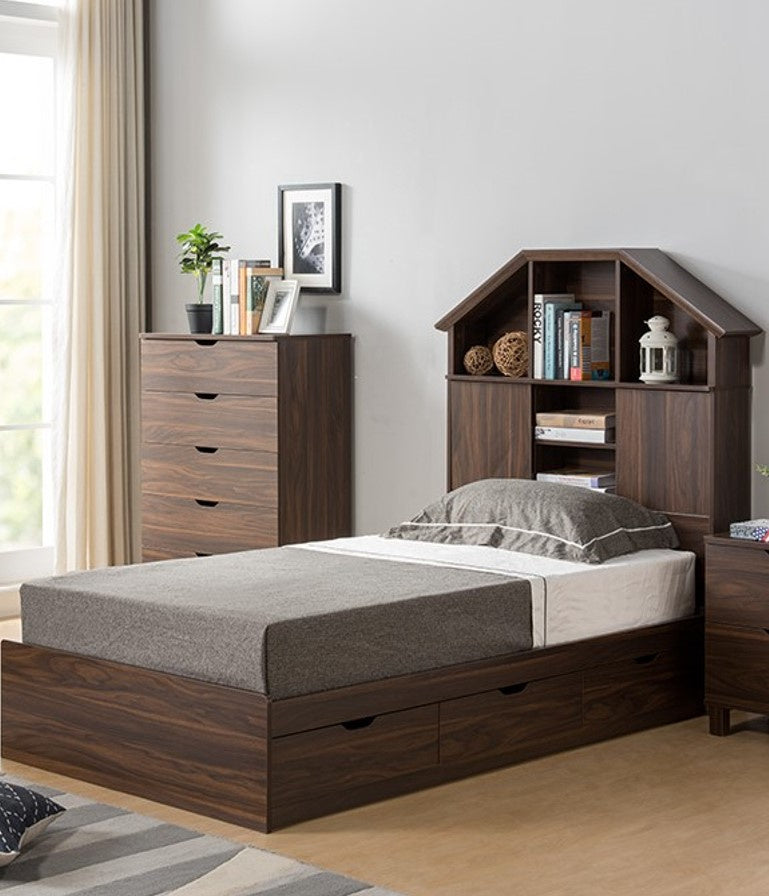 Vittoria Dark Walnut Wood Twin Bed with Bookcase Headboard