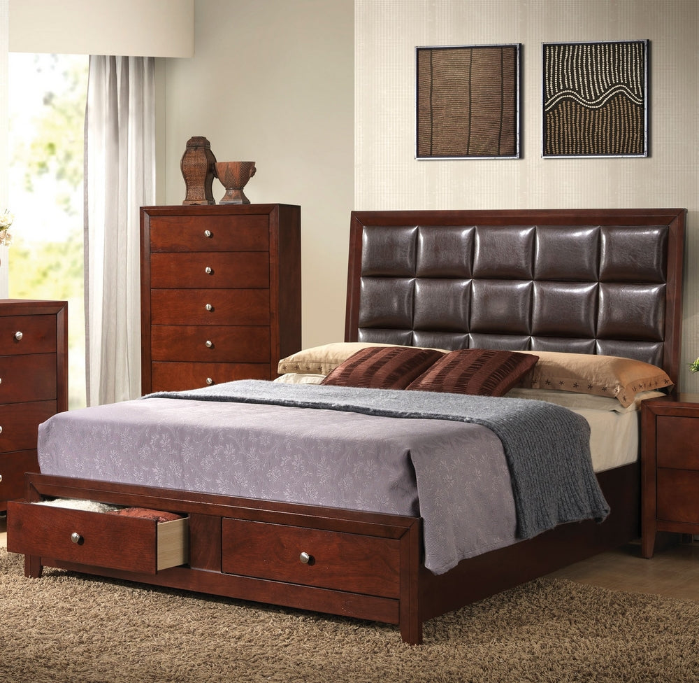 Ilana Brown Cherry Wood/PU Leather Queen Storage Bed