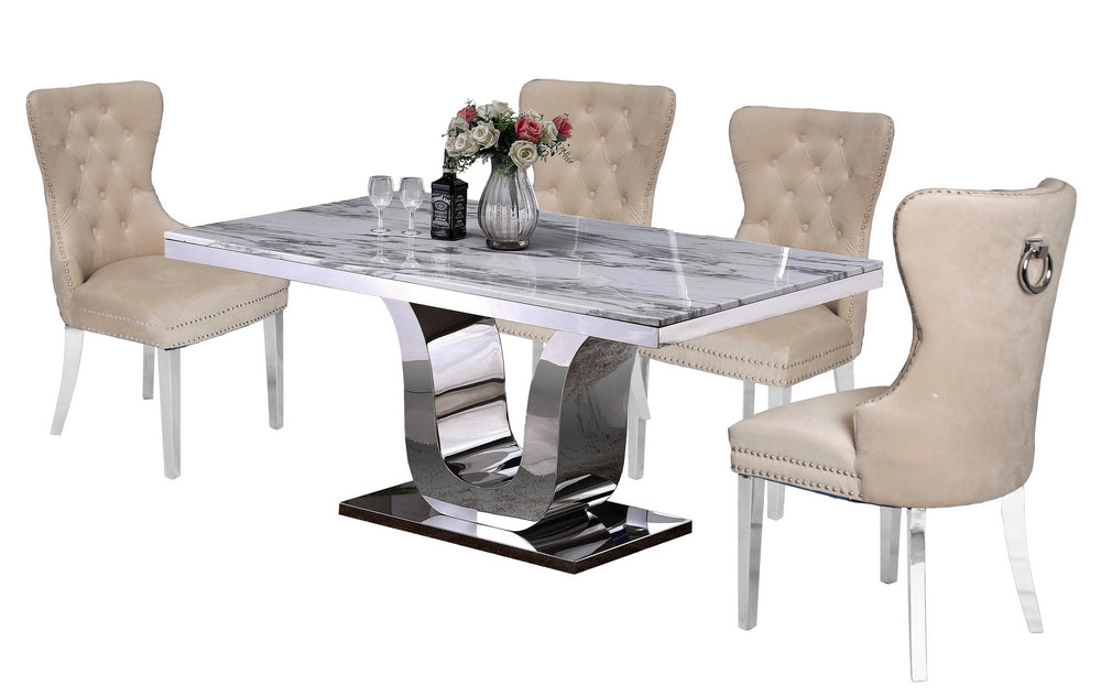 Bellamy 5-Pc White Marble/Beige Dining Table Set