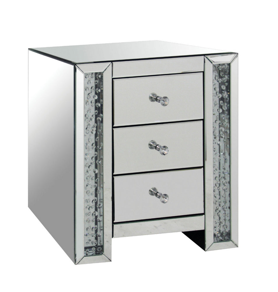 Nysa Mirrored End Table with 3 Drawers & Crystal Inserts