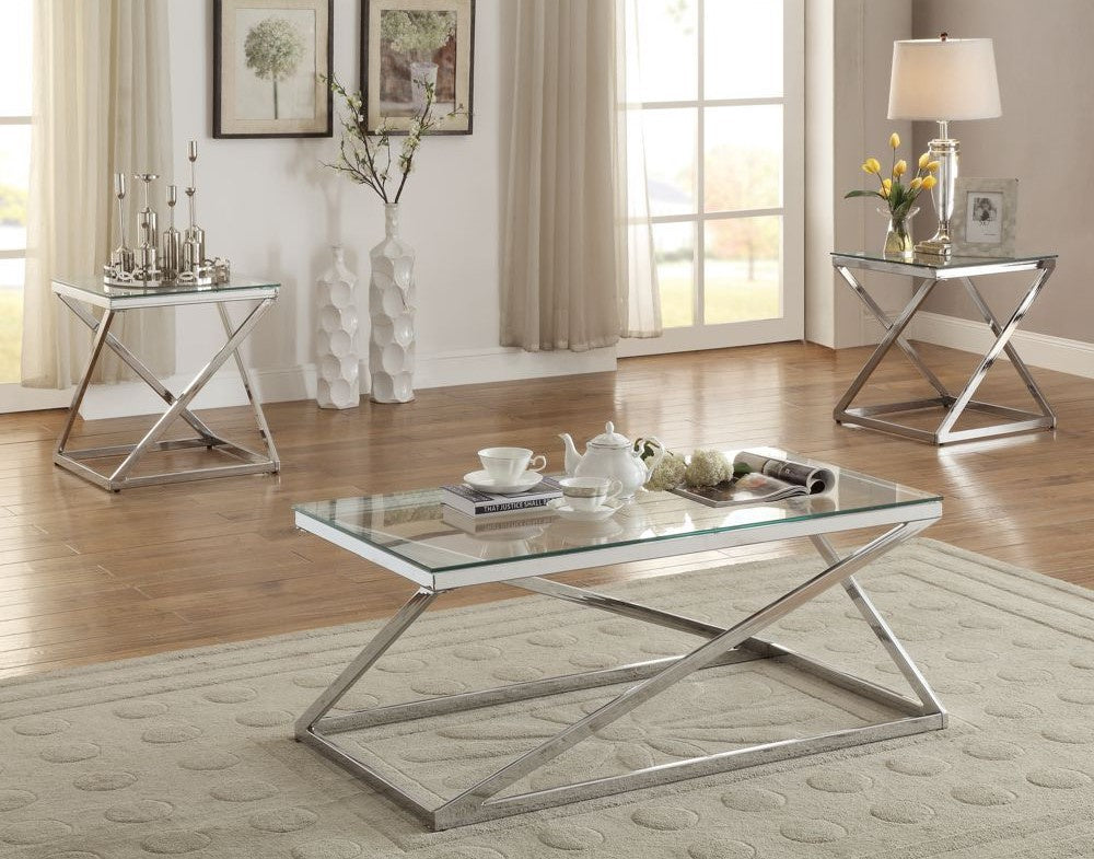 Piia 3-Pc Clear Tempered Glass/Silver Metal Table Set