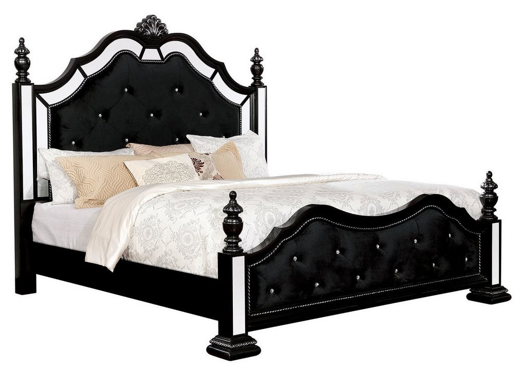 Azha Glam Black Fabric/Wood Queen Bed