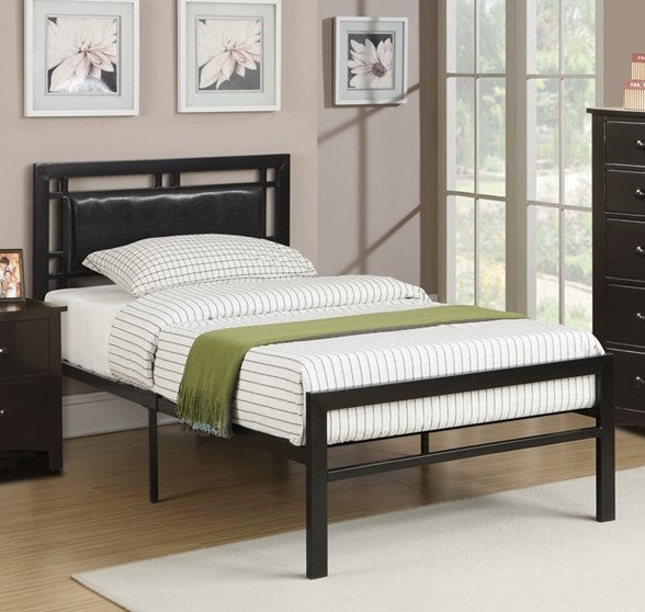 Imelda Black Metal Twin Bed with Faux Leather Headboard