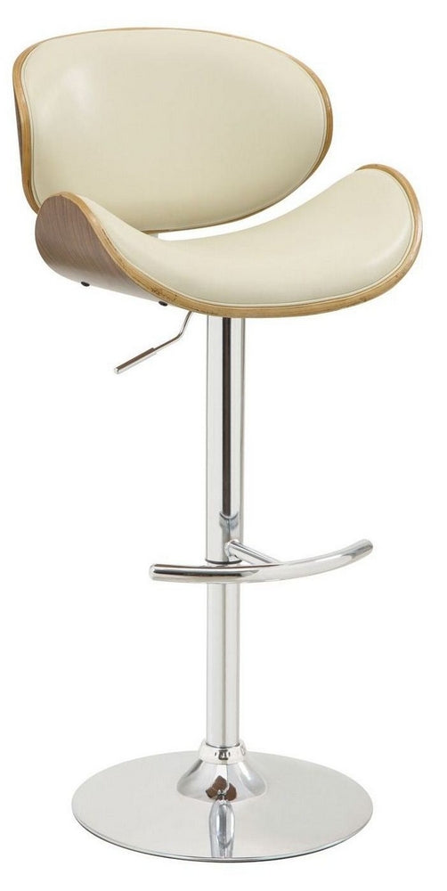 Yan Silver Metal Bar Stool with Ecru Leather Covered Seat