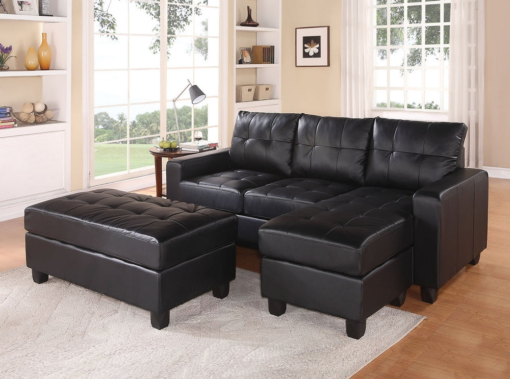 Lyssa Black Bonded Leather Match RAF Sectional Sofa with Ottoman