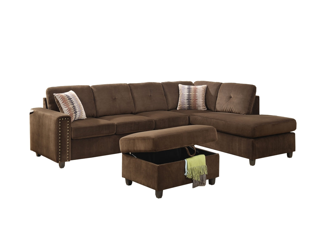 Belville Chocolate Velvet Sectional Sofa with Ottoman