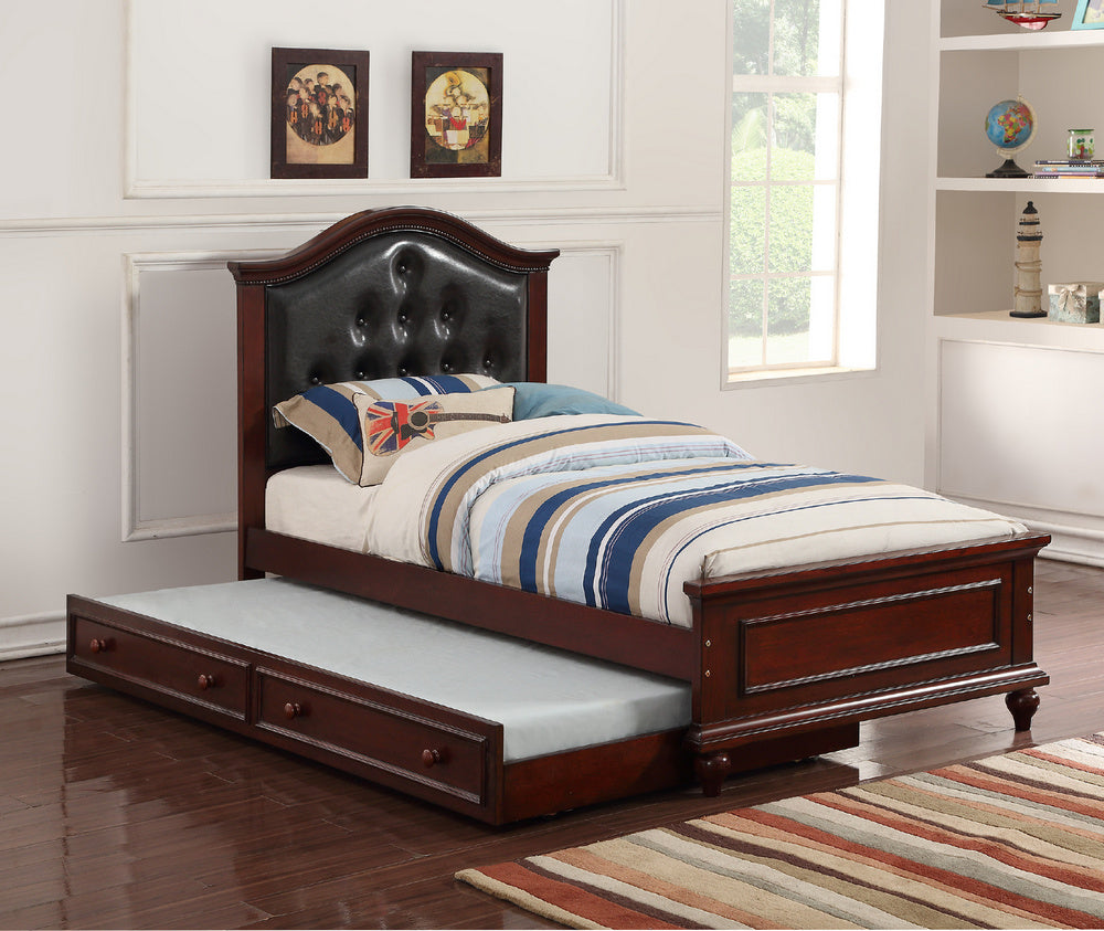 Angelina Cherry Wood/Black Faux Leather Twin Bed w/Trundle