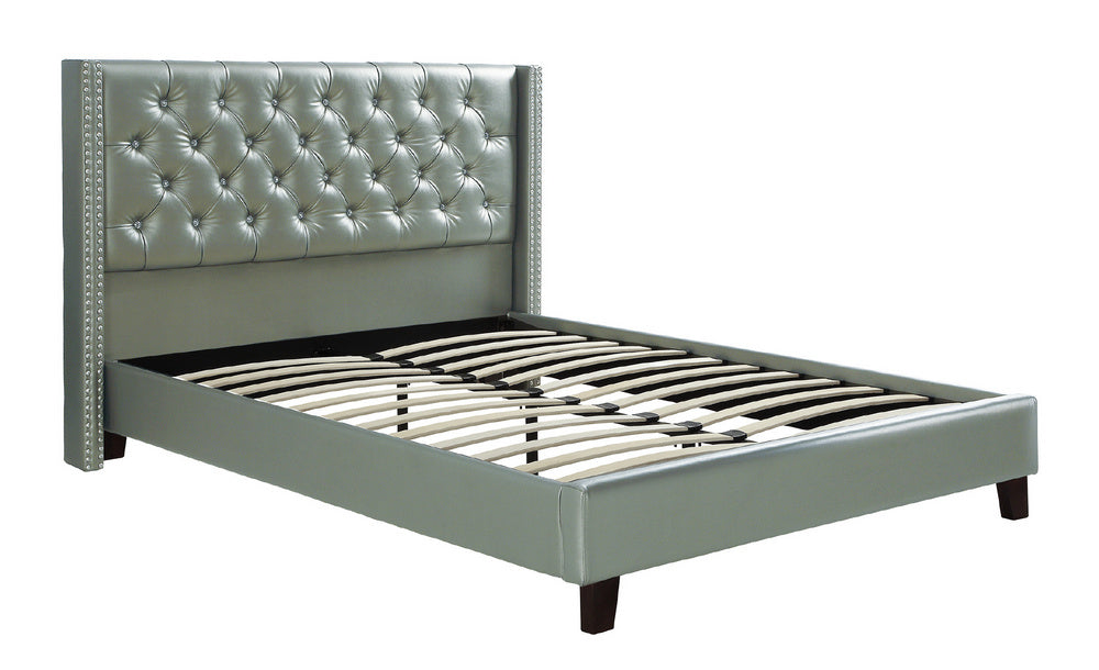 Kaur Silver Faux Leather/Wood Queen Bed with Nailhead Trim