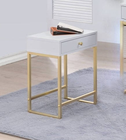 Coleen White Wood/Brass Metal Side End Table