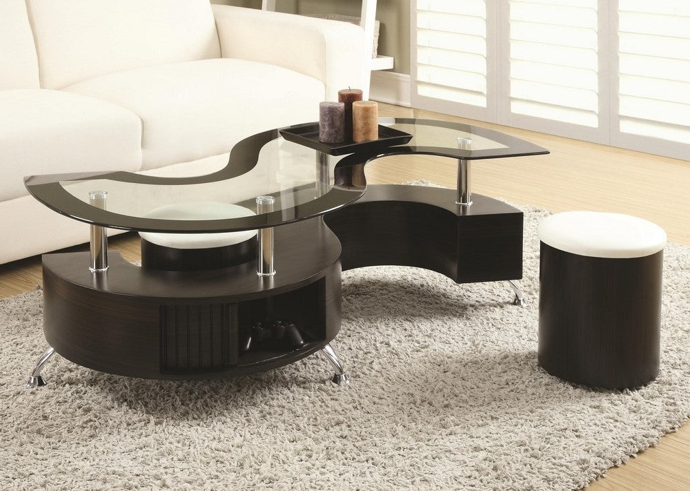 Buckley Cappuccino Wood/Glass Coffee Table with 2 Stools