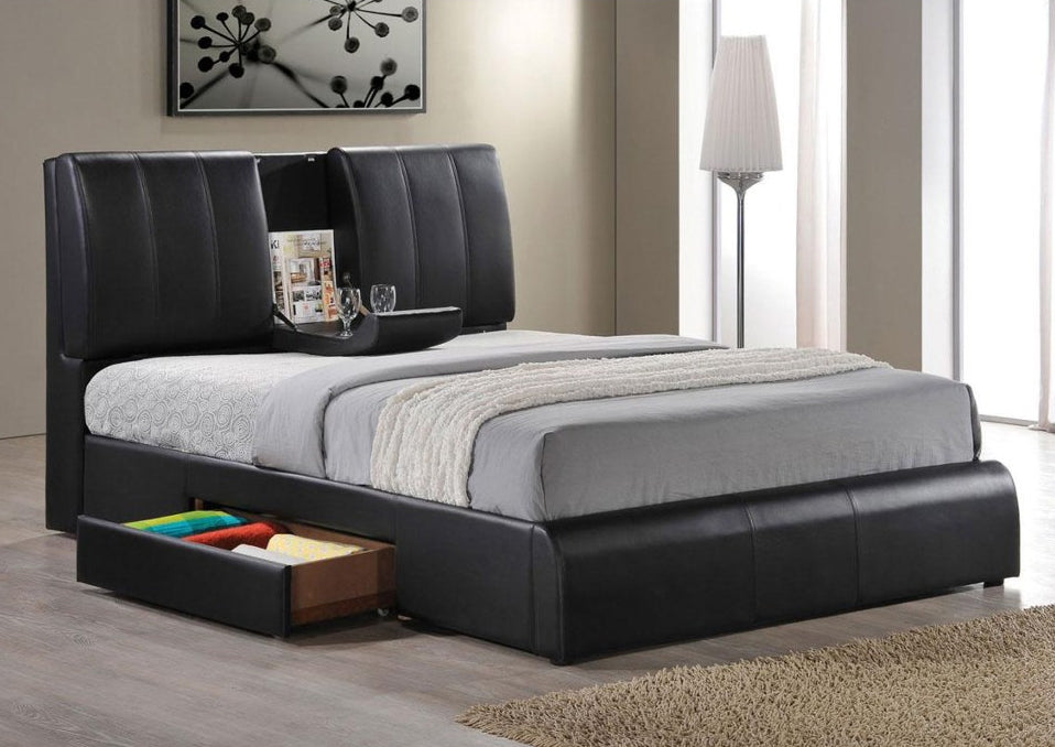 Kofi Black PU Leather Queen Storage Bed with Headboard Drop Tray