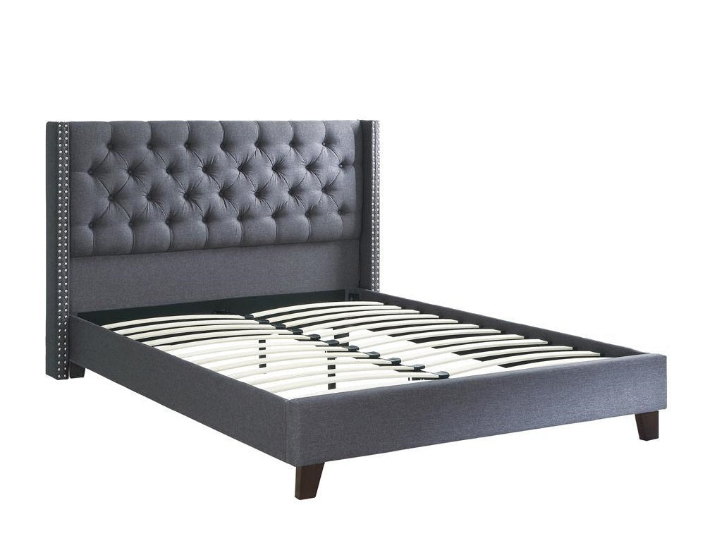 Kaur Blue Grey Polyfiber Full Bed with Nailhead Trim