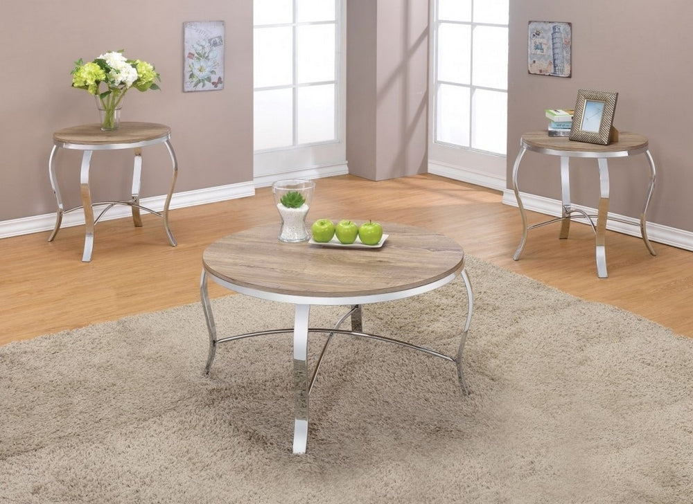 Malai 3-Pc Weathered Light Oak Wood/Chrome Coffee Table Set